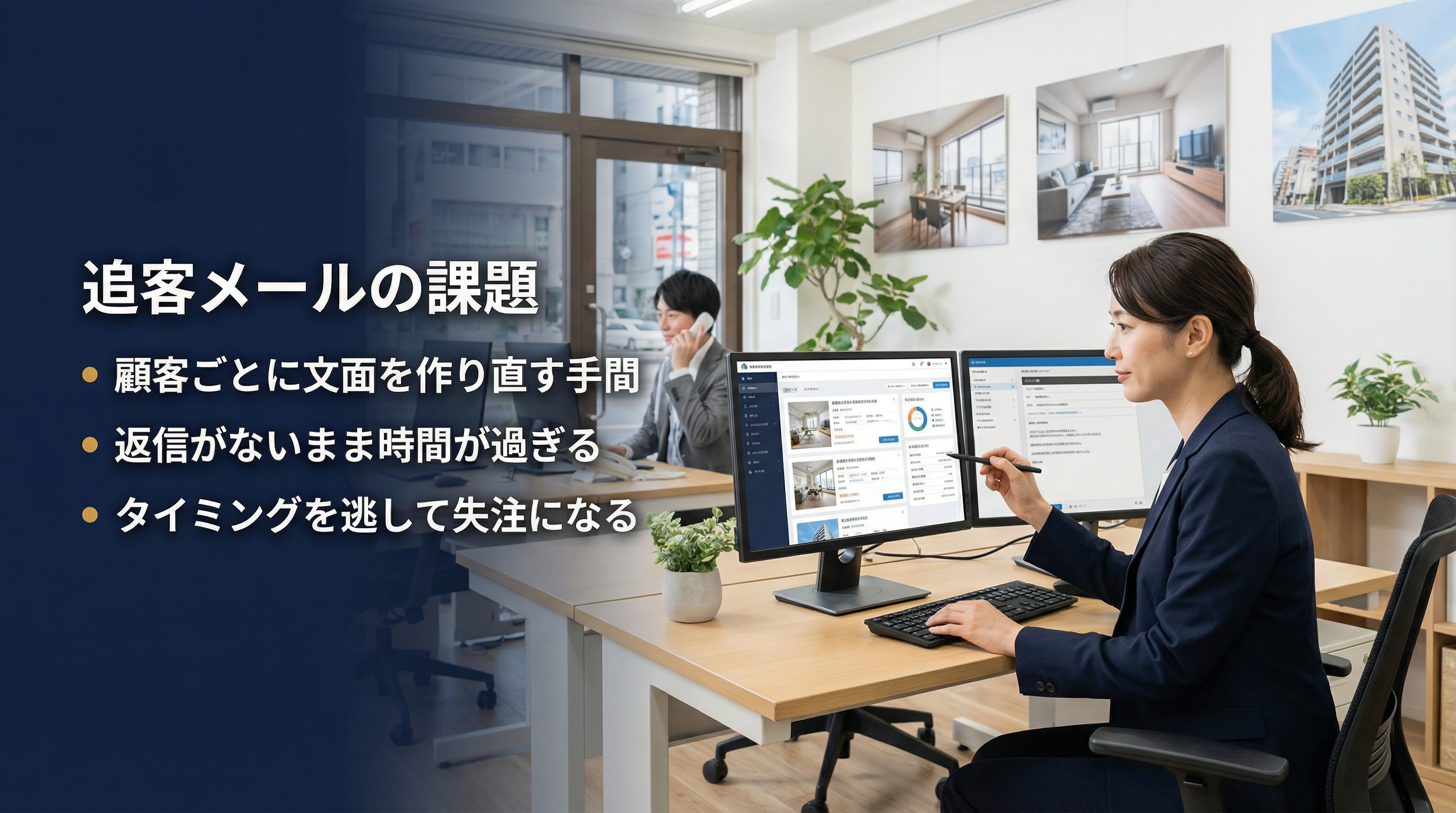 追客メールの課題：顧客ごとに文面を作り直す手間・返信がないまま時間が過ぎる・タイミングを逃して失注になる