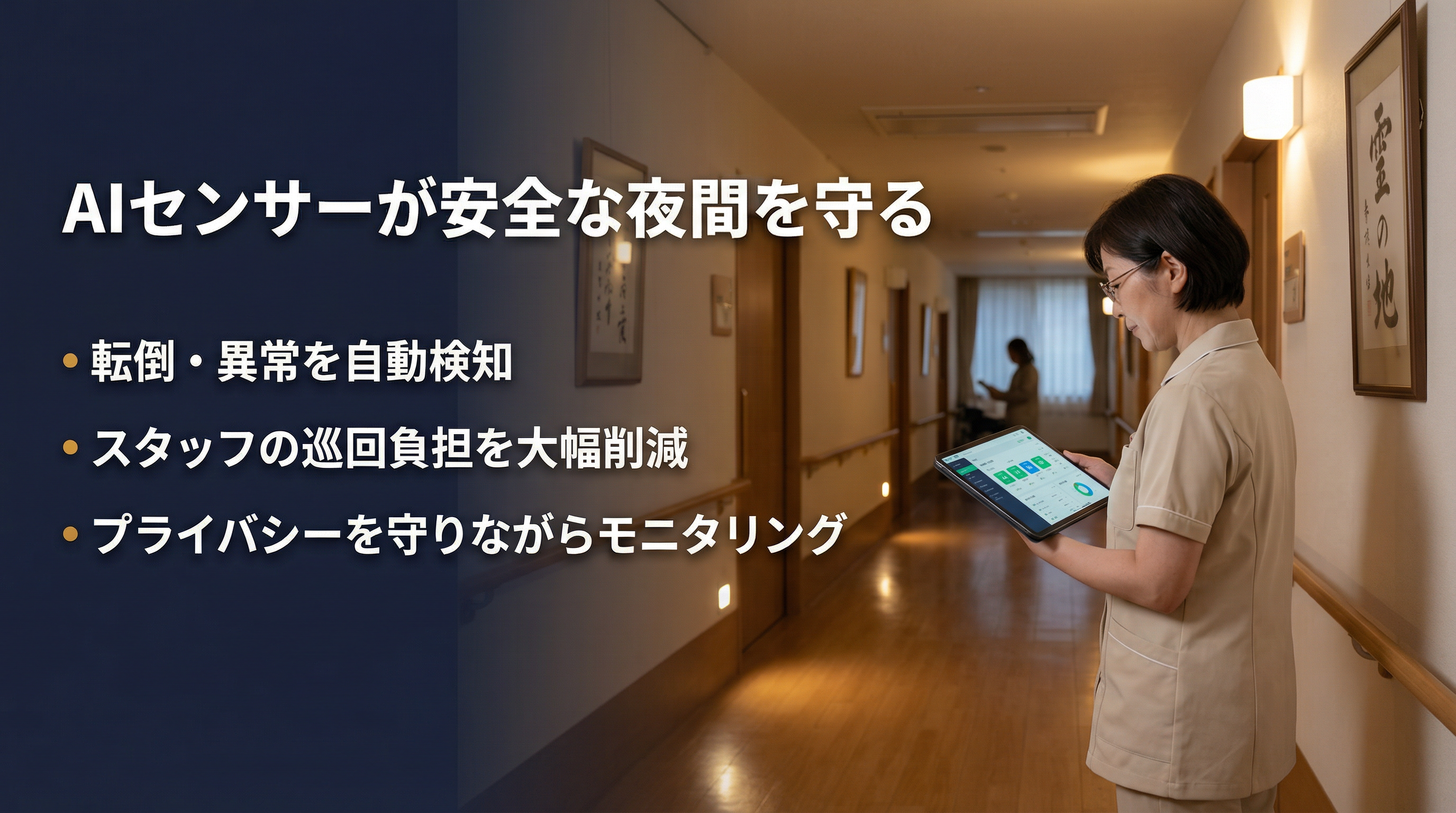 AIセンサーが安全な夜間を守る：転倒・異常を自動検知・スタッフの巡回負担を大幅削減・プライバシーを守りながらモニタリング