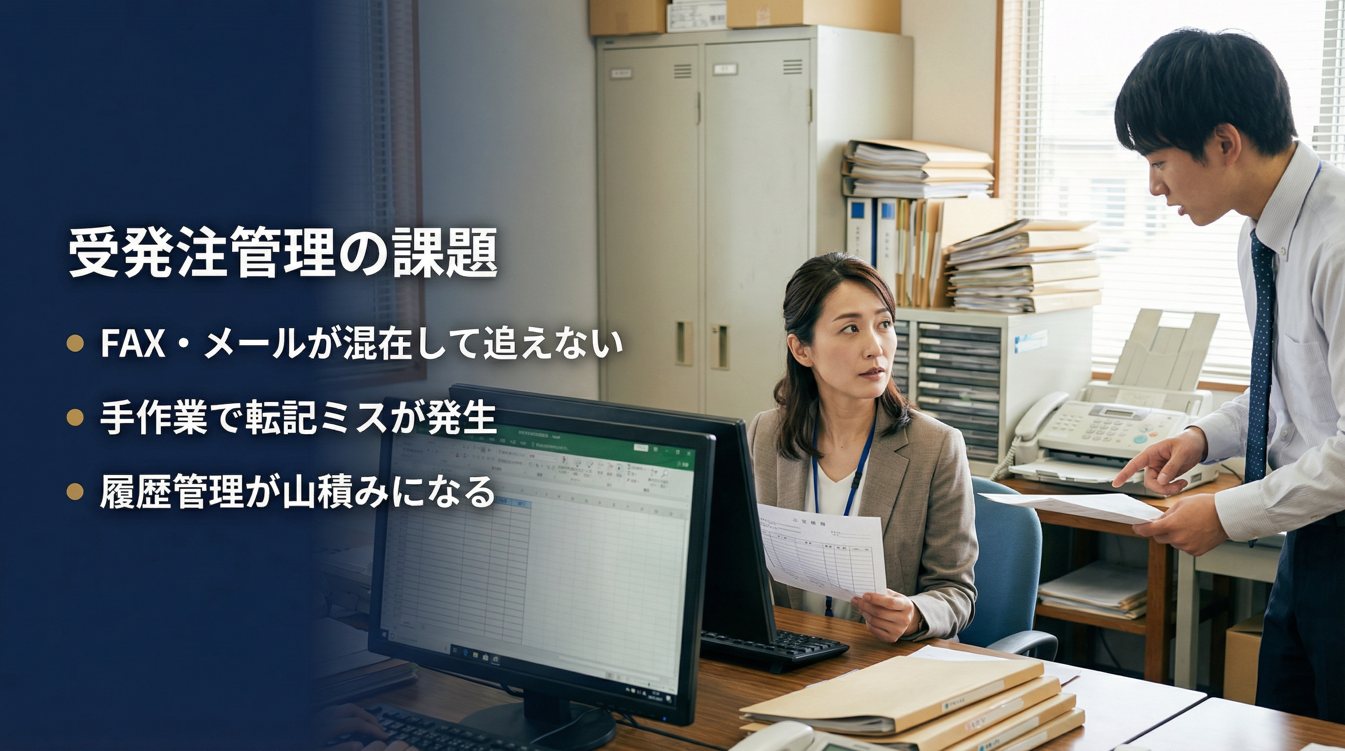 受発注管理の課題：FAX・メールが混在して追えない・手作業で転記ミスが発生・履歴管理が山積みになる